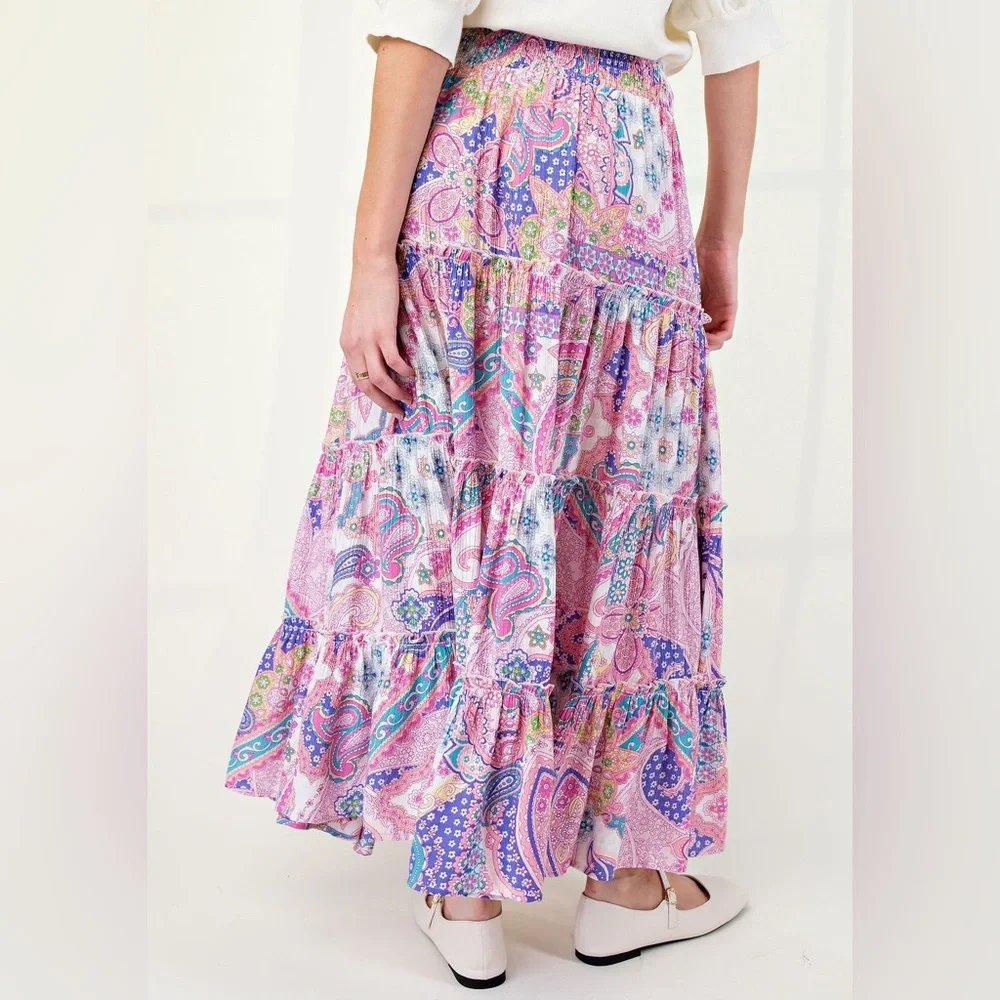 #94 easel Pink Paisley Tiered Maxi Skirt - Picture 2 of 3